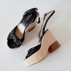 NWOT Michael Kors black leather raffia platform heeled sandal w/ ankle strap, 38